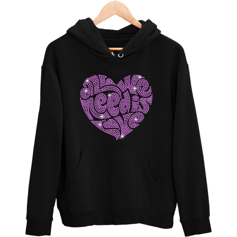 5667 Unisex Black Hoddie All You Need is Love Rhinestuds