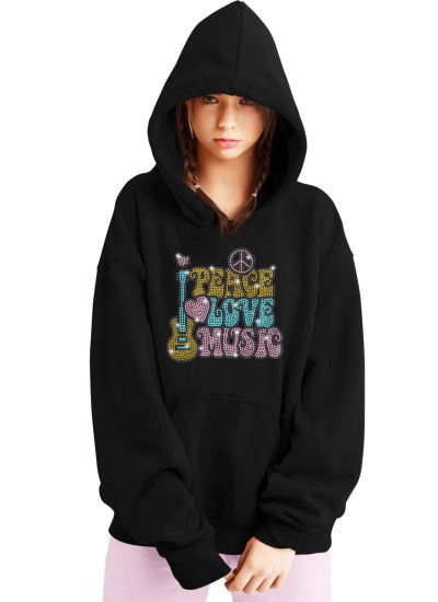 5692 Unisex Black Hoddie Peace Love Music Rhinestuds