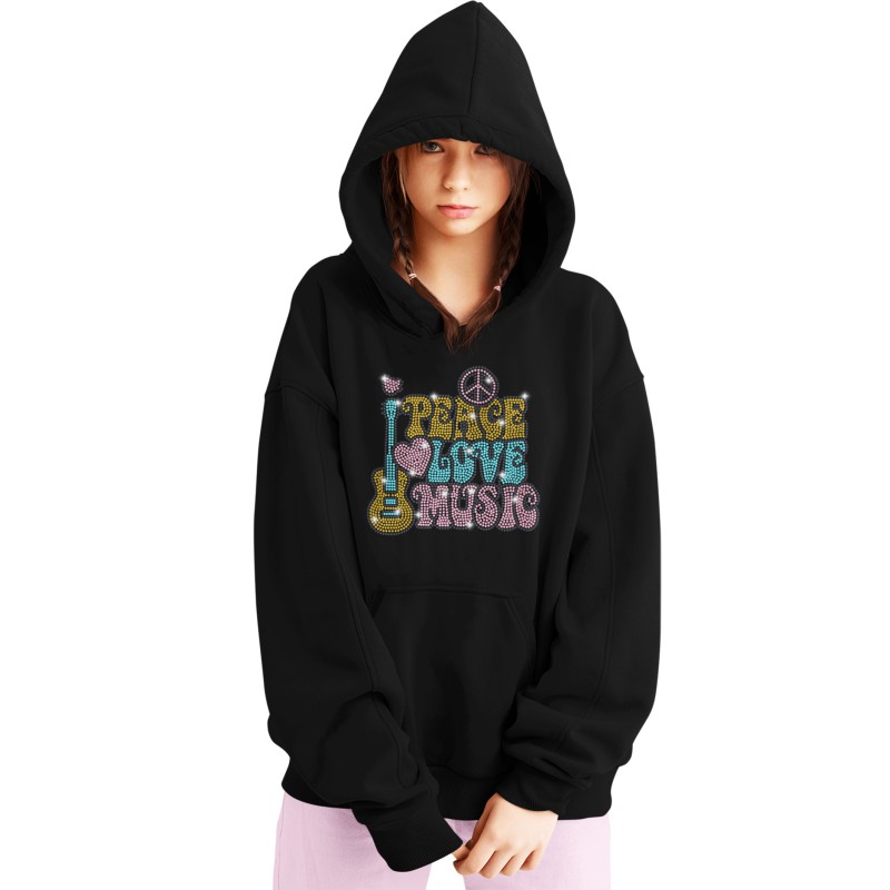 5692 Unisex Black Hoddie Peace Love Music Rhinestuds