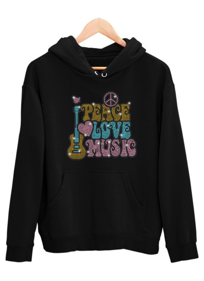 5692 Unisex Black Hoddie Peace Love Music Rhinestuds