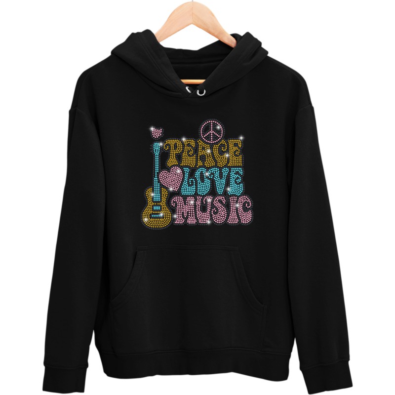 5692 Unisex Black Hoddie Peace Love Music Rhinestuds