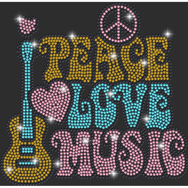 5692 Unisex Black Hoddie Peace Love Music Rhinestuds