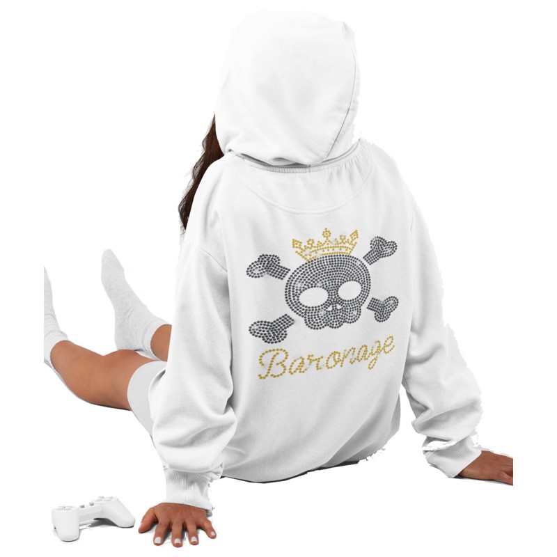 3456 Unisex White Hoddie Baronage Rhinestuds