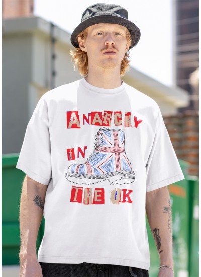 789 Anarchy In The Uk White Organic Oversized Moderaw T-shirt, μεταλλικά στοιχεία