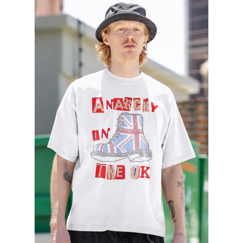 789 Anarchy In The Uk White Organic Oversized Moderaw T-shirt, μεταλλικά στοιχεία