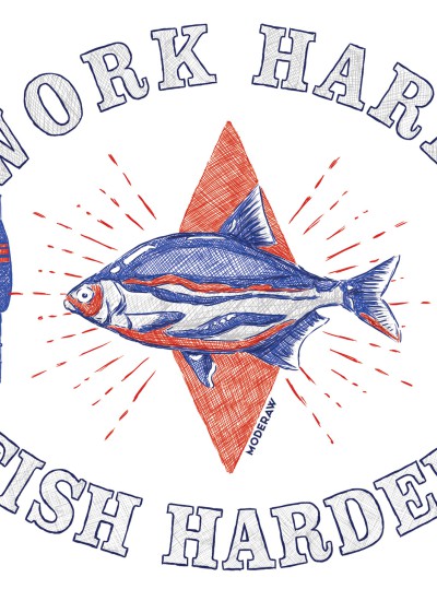 9886  White Moderaw T-shirt  Work Hard Fish Harder