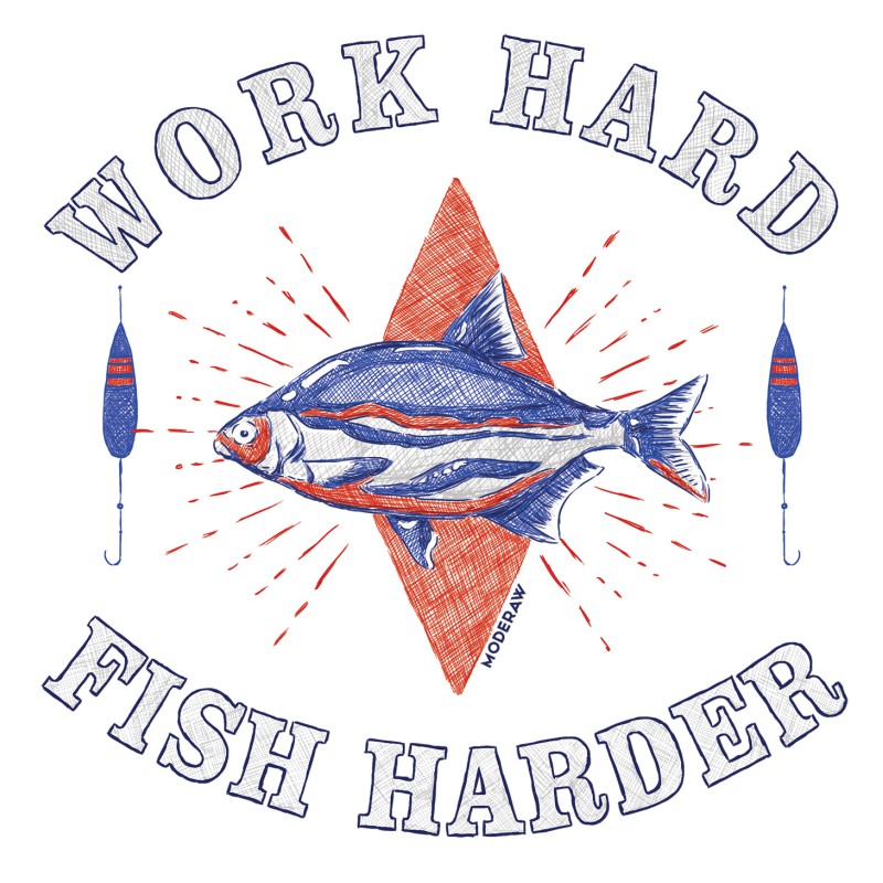 9886  White Moderaw T-shirt  Work Hard Fish Harder