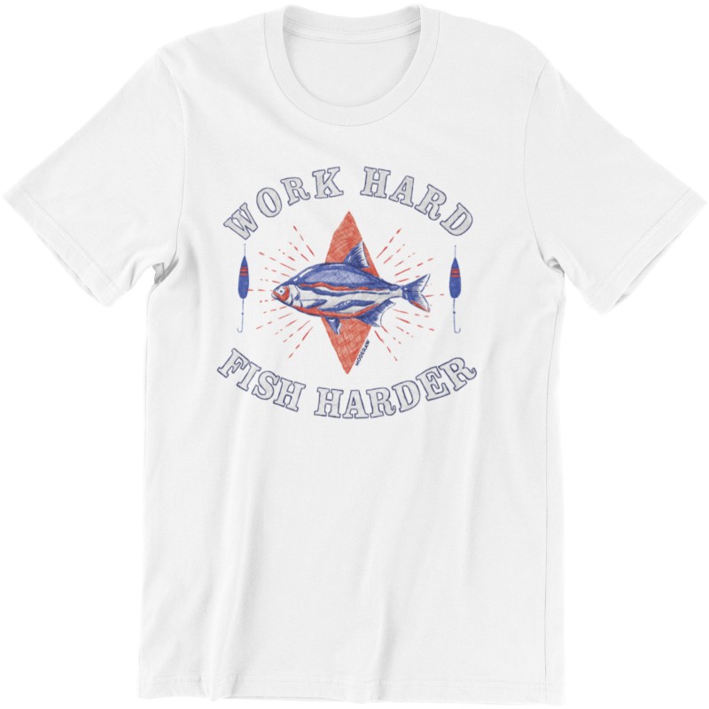 9886  White Moderaw T-shirt  Work Hard Fish Harder