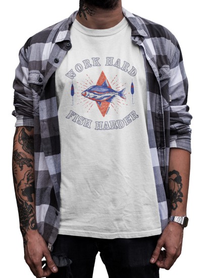 9886  White Moderaw T-shirt  Work Hard Fish Harder