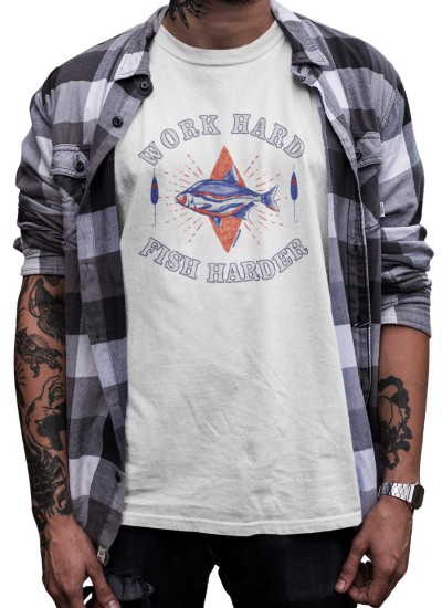 9886  White Moderaw T-shirt  Work Hard Fish Harder