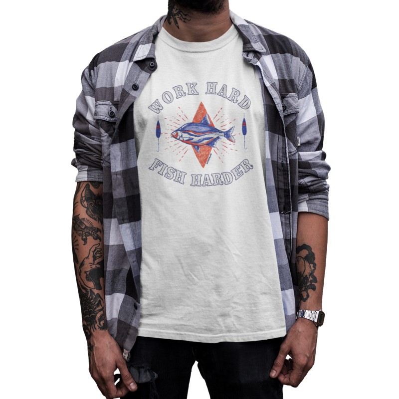 9886  White Moderaw T-shirt  Work Hard Fish Harder