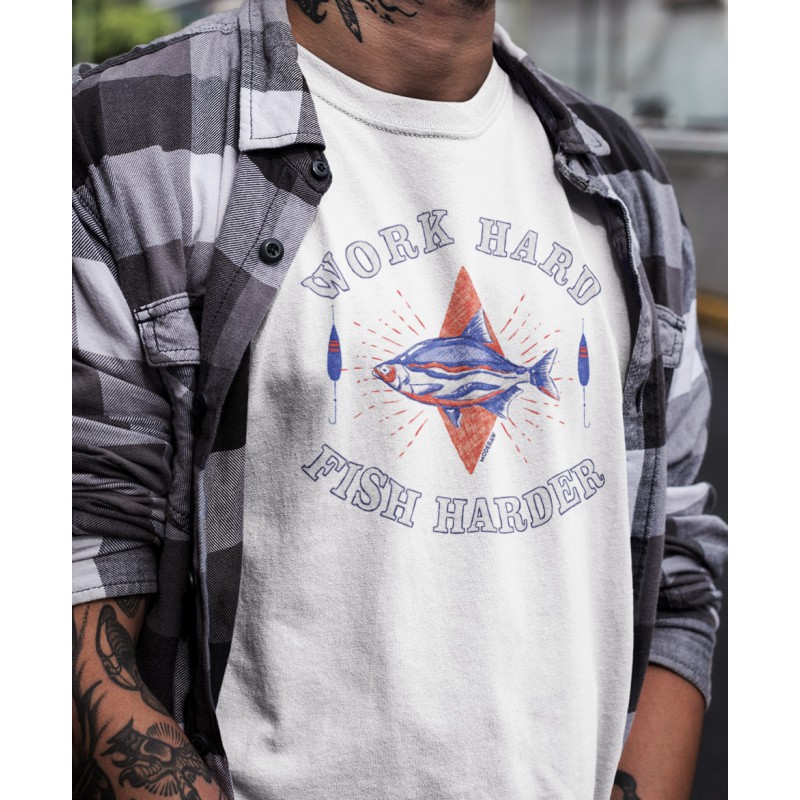 9886  White Moderaw T-shirt  Work Hard Fish Harder